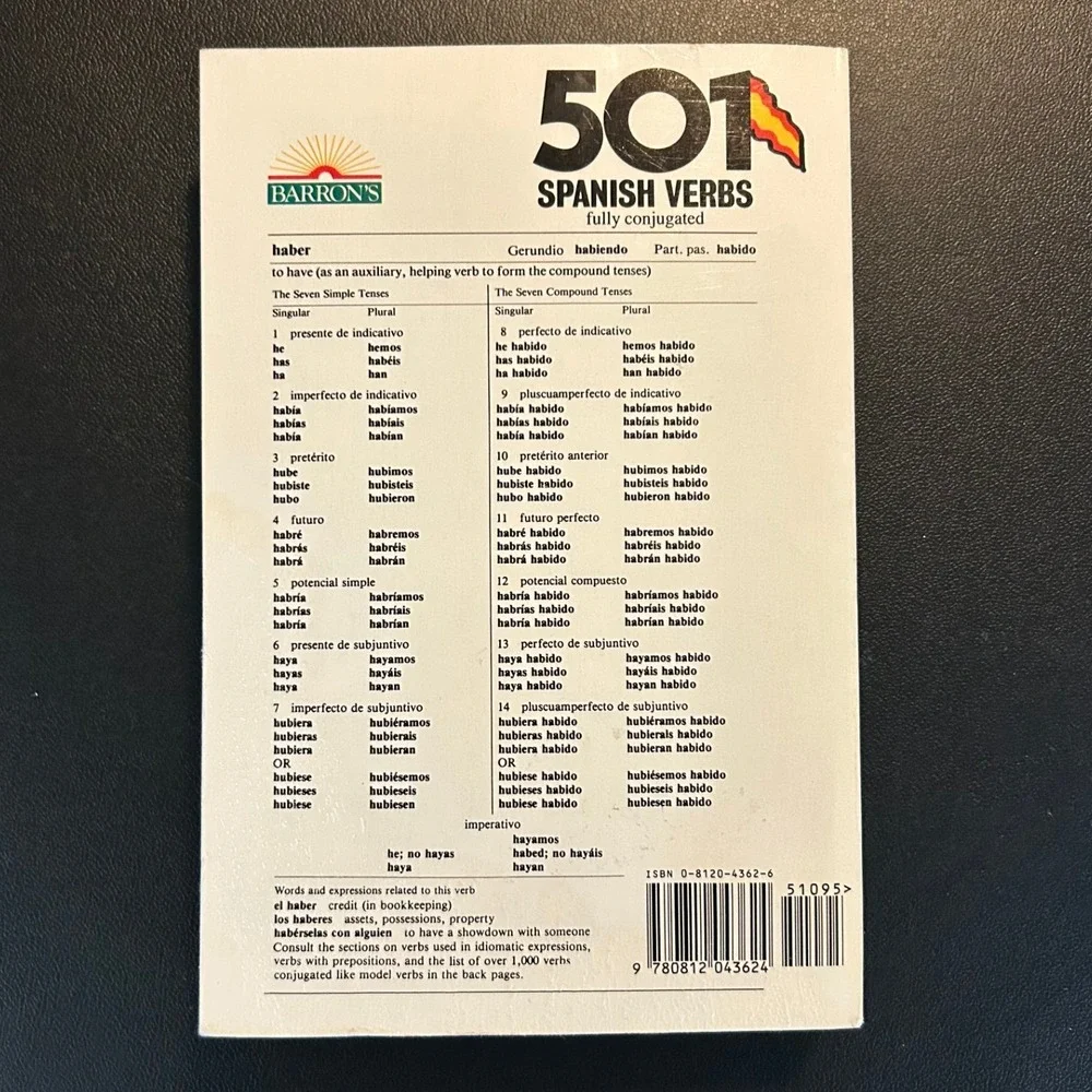 Barron's 501 Spanish Verbs Book OS White Good Study Guide 0-8120-4362-6